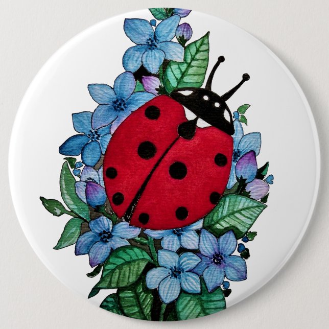 Watercolor Cute Ladybird With Blue Wild Flowers Button (Front)