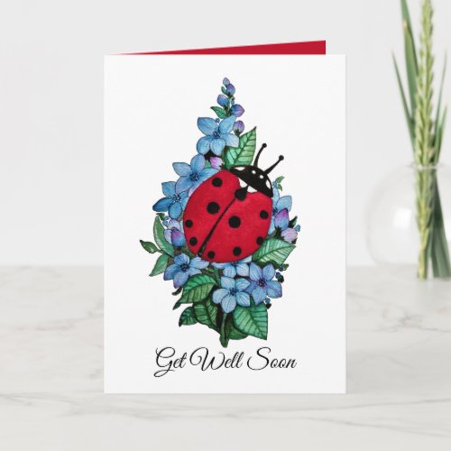 Watercolor Cute Ladybird With Blue Wild Flowers Card