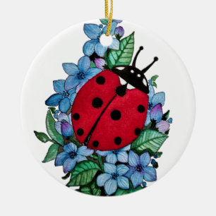 Watercolor Cute Ladybird With Blue Wild Flowers Ceramic Ornament