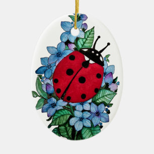 Watercolor Cute Ladybird With Blue Wild Flowers Ceramic Ornament
