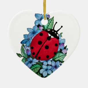 Watercolor Cute Ladybird With Blue Wild Flowers Ceramic Ornament