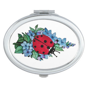 Watercolor Cute Ladybird With Blue Wild Flowers Compact Mirror