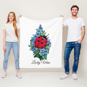 Watercolor Cute Ladybird With Blue Wild Flowers Fleece Blanket