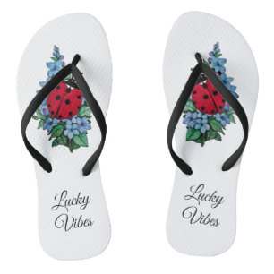 Watercolor Cute Ladybird With Blue Wild Flowers Flip Flops