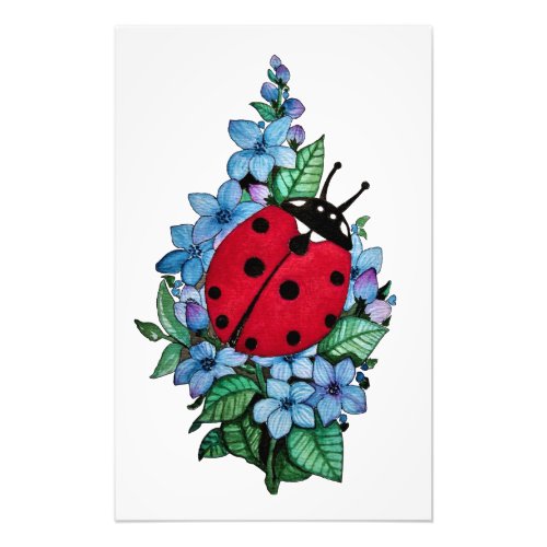 Watercolor Cute Ladybird With Blue Wild Flowers Photo Print