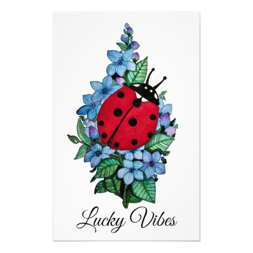 Watercolor Cute Ladybird With Blue Wild Flowers Photo Print