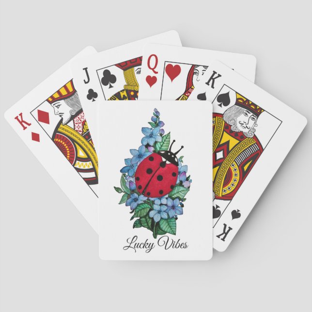 Watercolor Cute Ladybird With Blue Wild Flowers Poker Cards (Back)