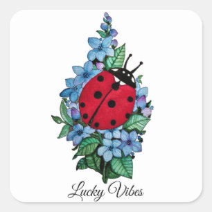 Watercolor Cute Ladybird With Blue Wild Flowers Square Sticker