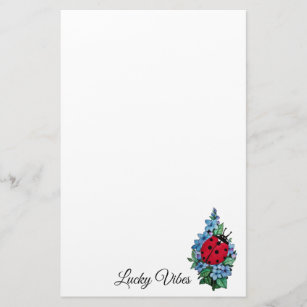 Watercolor Cute Ladybird With Blue Wild Flowers Stationery
