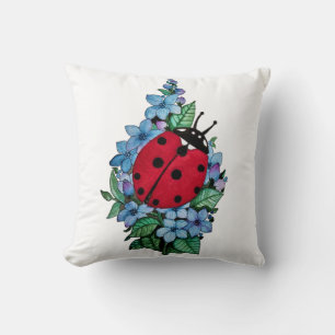 Watercolor Cute Ladybird With Blue Wild Flowers Throw Pillow