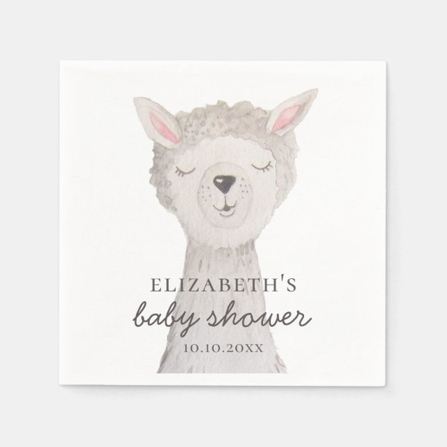 Watercolor cute lama. Funny alpaca baby shower Napkins (Front)