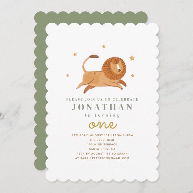 Watercolor Cute Lion King 1st Birthday Invitation (Front/Back)