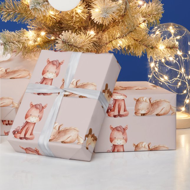 Watercolor Cute Little Cartoon Horses Wrapping Paper (Holidays)