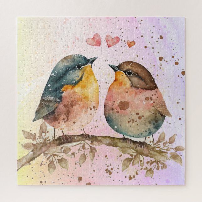 Watercolor Cute Little Lovebirds Animal Nature Jigsaw Puzzle (Vertical)