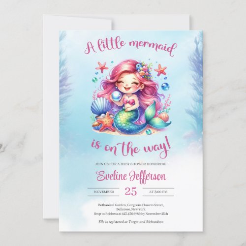 Watercolor cute little mermaid is on the way invitation