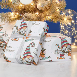 Watercolor Cute Little Merry Christmas Elf Gnome Wrapping Paper