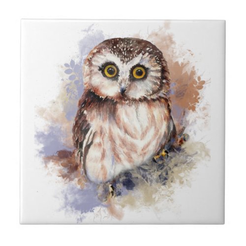 Watercolor Cute Little Saw Whet Owl Bird Ceramic Tile