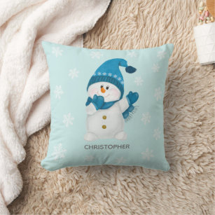 Watercolor Cute Little Snowman Beanie Blue Baby  Throw Pillow