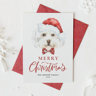 Watercolor Cute Maltese Santa Merry Christmas Holiday Card