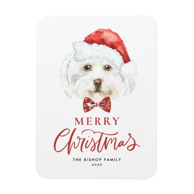 Watercolor Cute Maltese Santa Merry Christmas Magnet (Vertical)