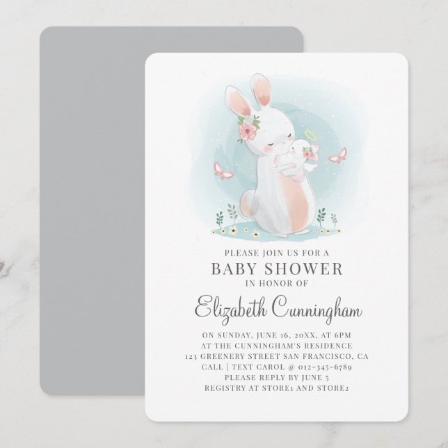 Watercolor Cute Mama Rabbit Baby Shower Invitation (Front/Back)