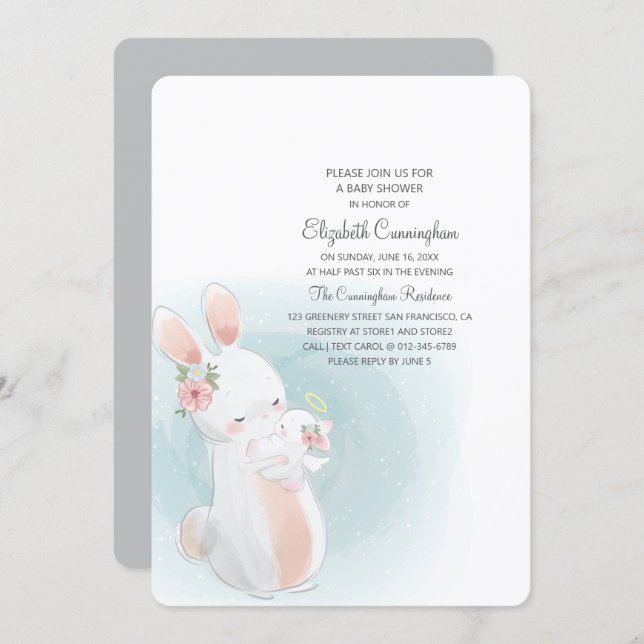 Watercolor Cute Mama Rabbit Baby Shower Invitation (Front/Back)