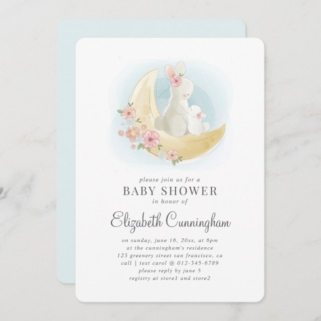 Watercolor Cute Mama Rabbit Baby Shower Invitation (Front/Back)