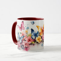 Watercolor Cute Maroon Butterfly Flowers Mug