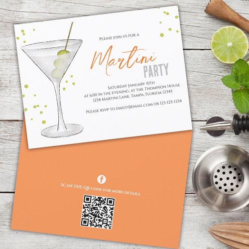 Watercolor Cute Martini Party Whimsical QR Code Invitation