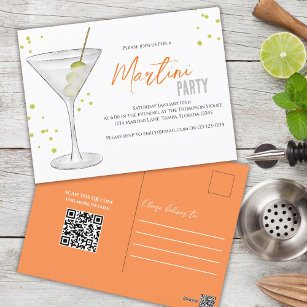 Watercolor Cute Martini Party Whimsical QR Code Postcard
