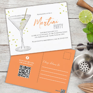 Watercolor Cute Martini Party Whimsical QR Code Postcard