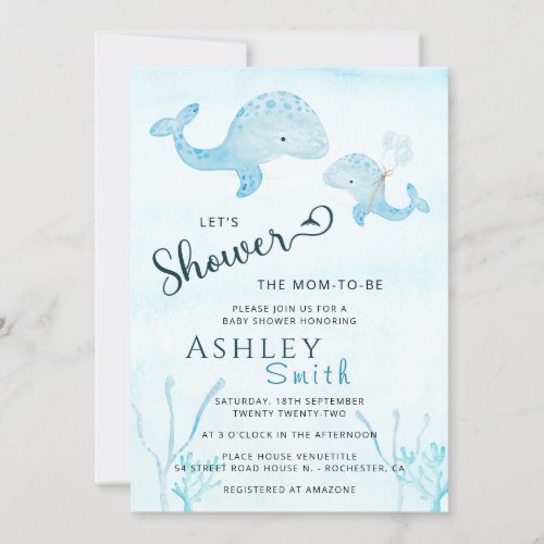 Watercolor Cute Mom and Baby Whale Under the Sea I Invitation