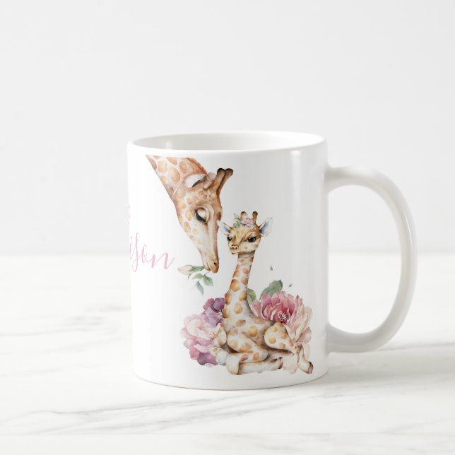 Watercolor Cute Mother Giraffe with Baby Coffee Mug (Right)