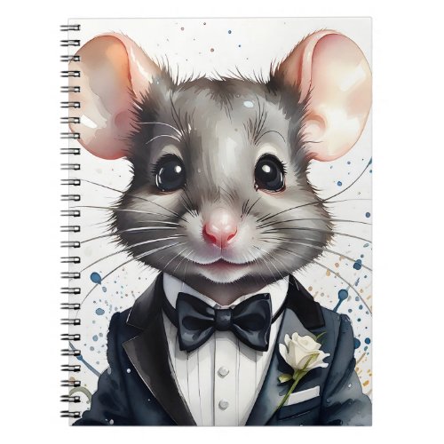 Watercolor Cute Mouse Tuxedo Black Bow Tie Flower Notebook