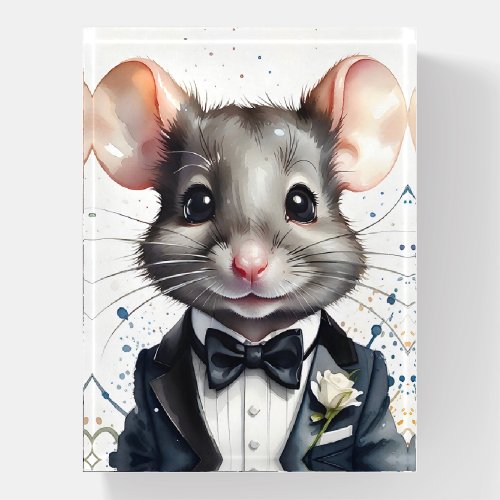Watercolor Cute Mouse Tuxedo Black Bow Tie Flower Paperweight