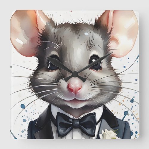 Watercolor Cute Mouse Tuxedo Black Bow Tie Flower Square Wall Clock