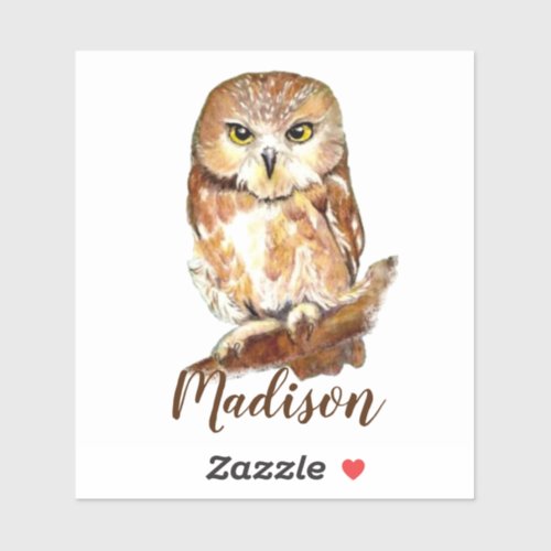 Watercolor Cute Owl Animal Nature Custom Name Sticker