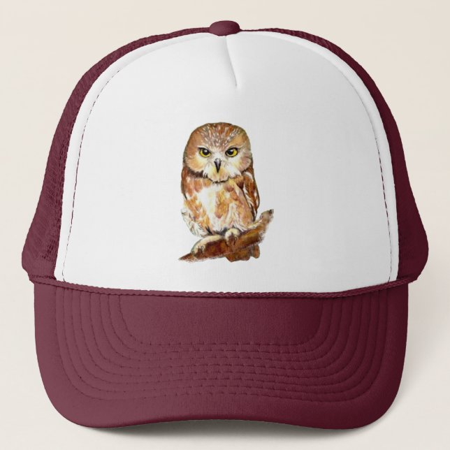 Watercolor Cute Owl Bird Wildlife Nature Art  Trucker Hat (Front)