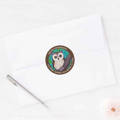 Watercolor cute owl return address classic round sticker