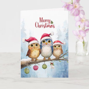 Watercolor Cute Owls Whimsical Christmas Folded Card