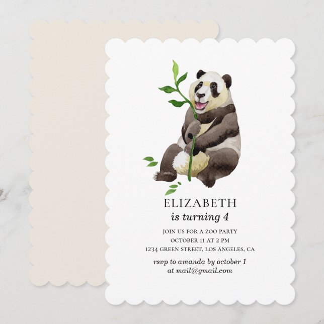 Watercolor cute panda. Funny animal. Kids birthday Invitation (Front/Back)