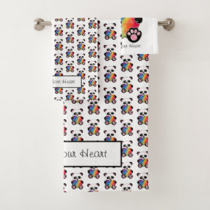 Watercolor Cute Panda With Rainbow Heart Bath Towel Set