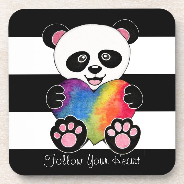 Watercolor Cute Panda With Rainbow Heart Beverage Coaster (Front)