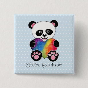 Watercolor Cute Panda With Rainbow Heart Button