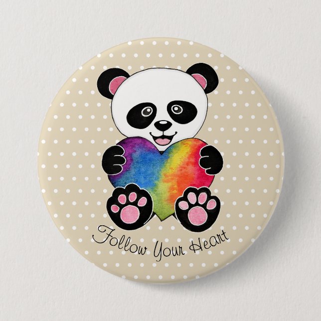 Watercolor Cute Panda With Rainbow Heart Button (Front)