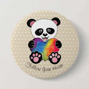 Watercolor Cute Panda With Rainbow Heart Button