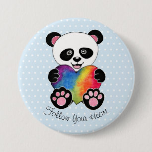 Watercolor Cute Panda With Rainbow Heart Button