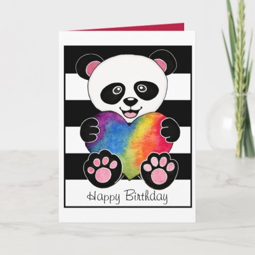 Watercolor Cute Panda With Rainbow Heart Card