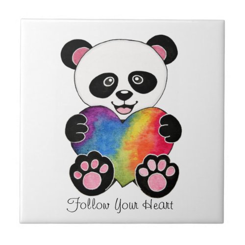 Watercolor Cute Panda With Rainbow Heart Ceramic Tile