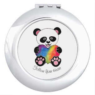 Watercolor Cute Panda With Rainbow Heart Compact Mirror